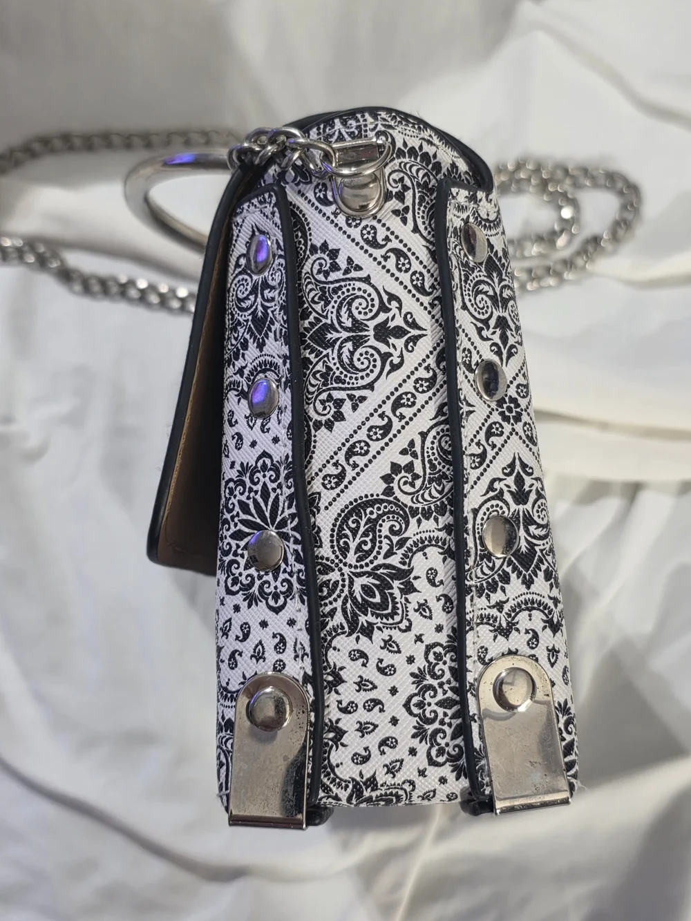 Black White Paisley Top Handle Bag Chain Strap Structured Purse